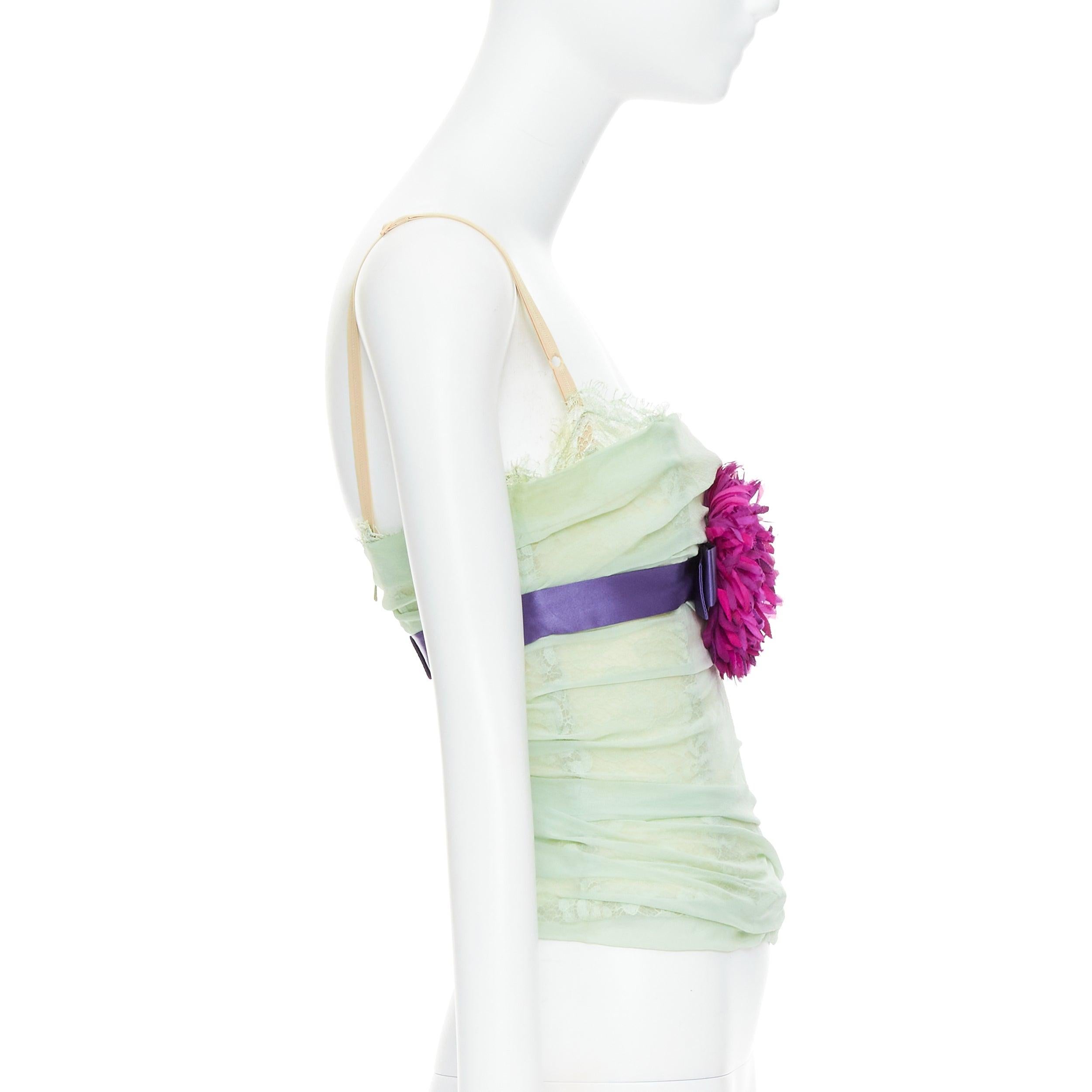 DOLCE GABBANA 2005 Vintage Korsett-Bustier aus grüner Seide mit rosa Blumenapplikation IT40 S im Zustand „Gut“ im Angebot in Hong Kong, NT