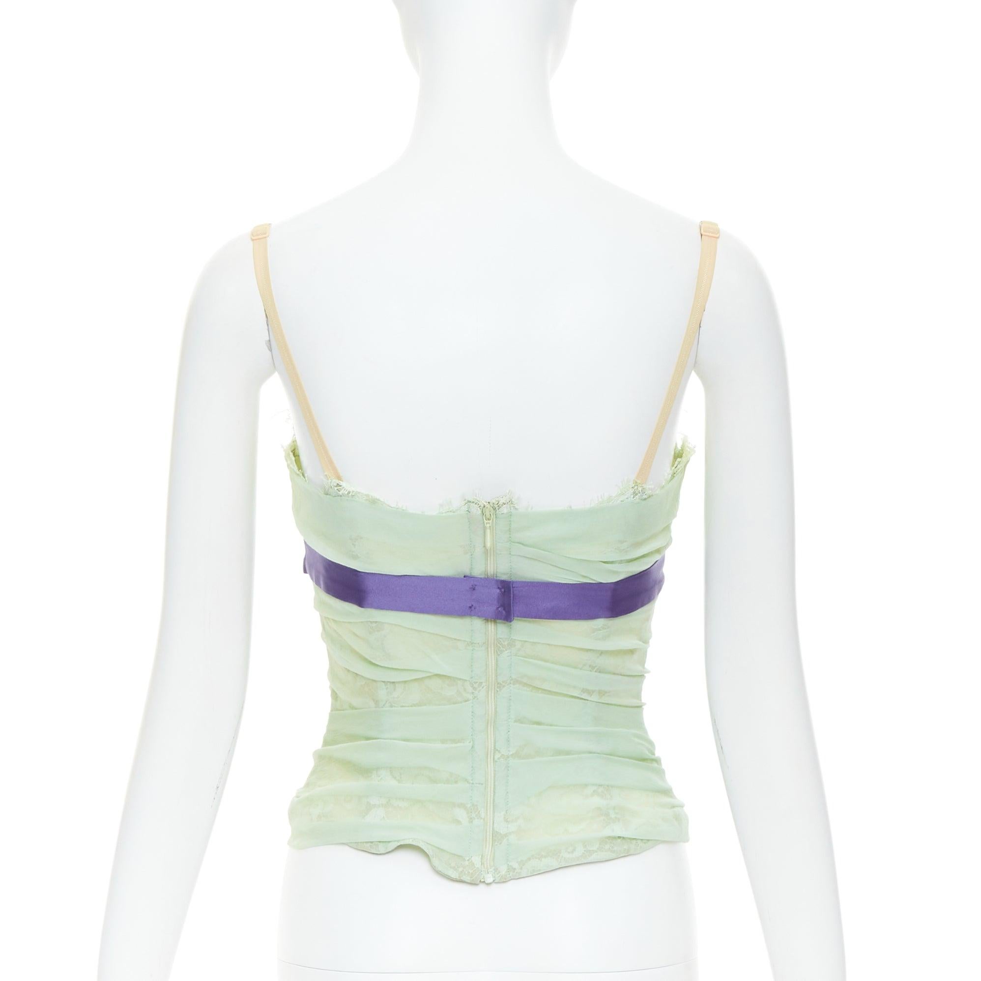 DOLCE GABBANA 2005 Vintage Korsett-Bustier aus grüner Seide mit rosa Blumenapplikation IT40 S Damen im Angebot