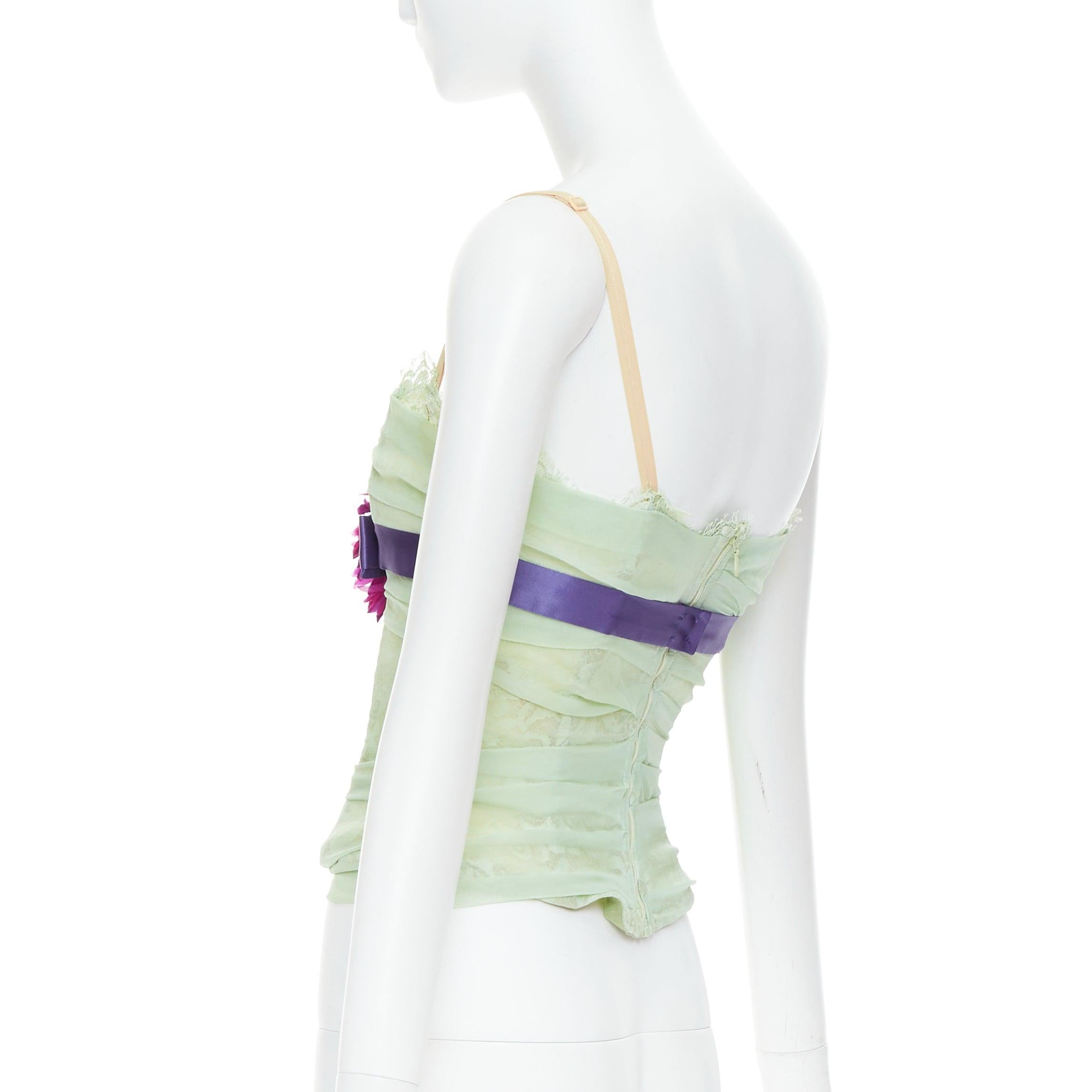 DOLCE GABBANA 2005 Vintage Korsett-Bustier aus grüner Seide mit rosa Blumenapplikation IT40 S im Angebot 1