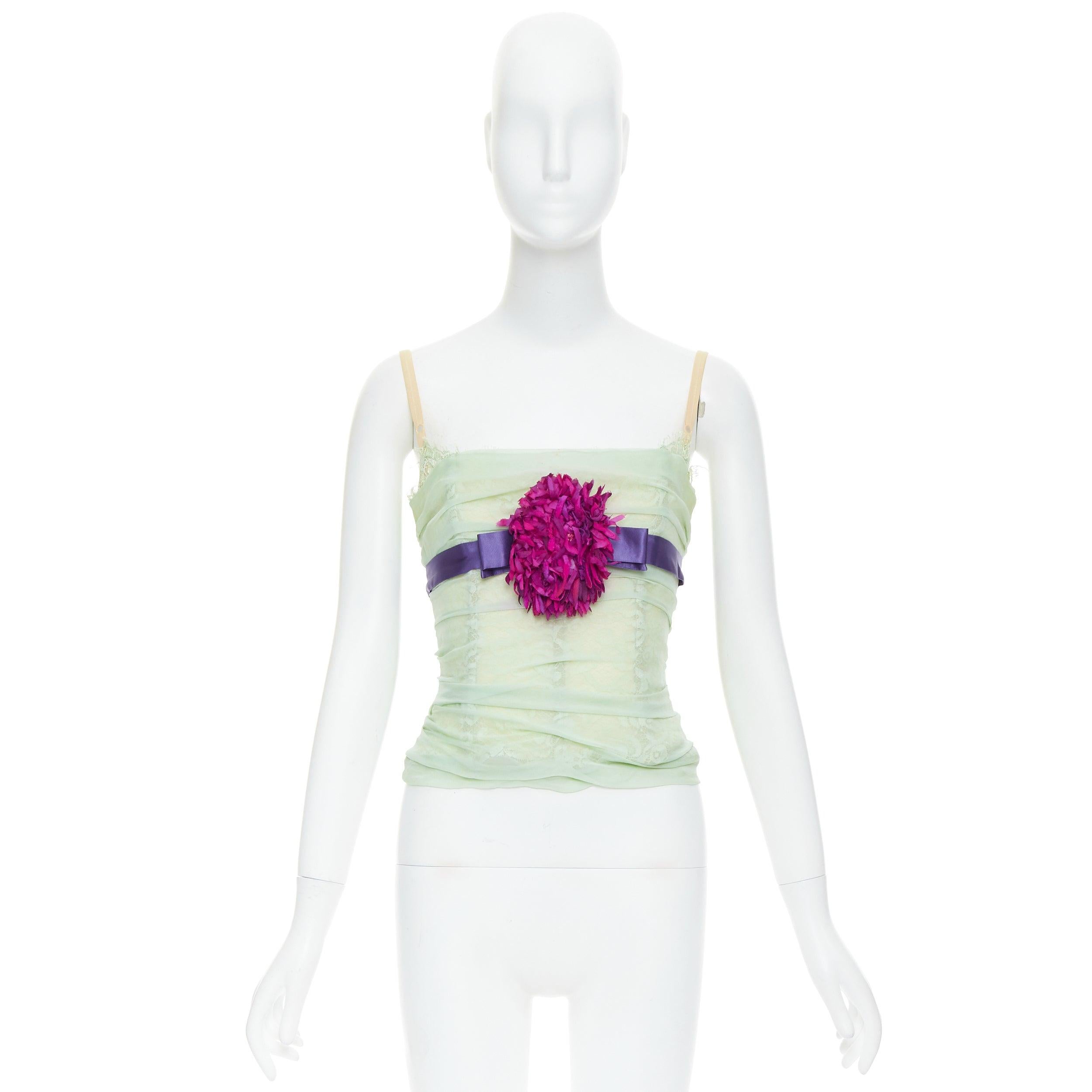 DOLCE GABBANA 2005 Vintage Korsett-Bustier aus grüner Seide mit rosa Blumenapplikation IT40 S im Angebot 4
