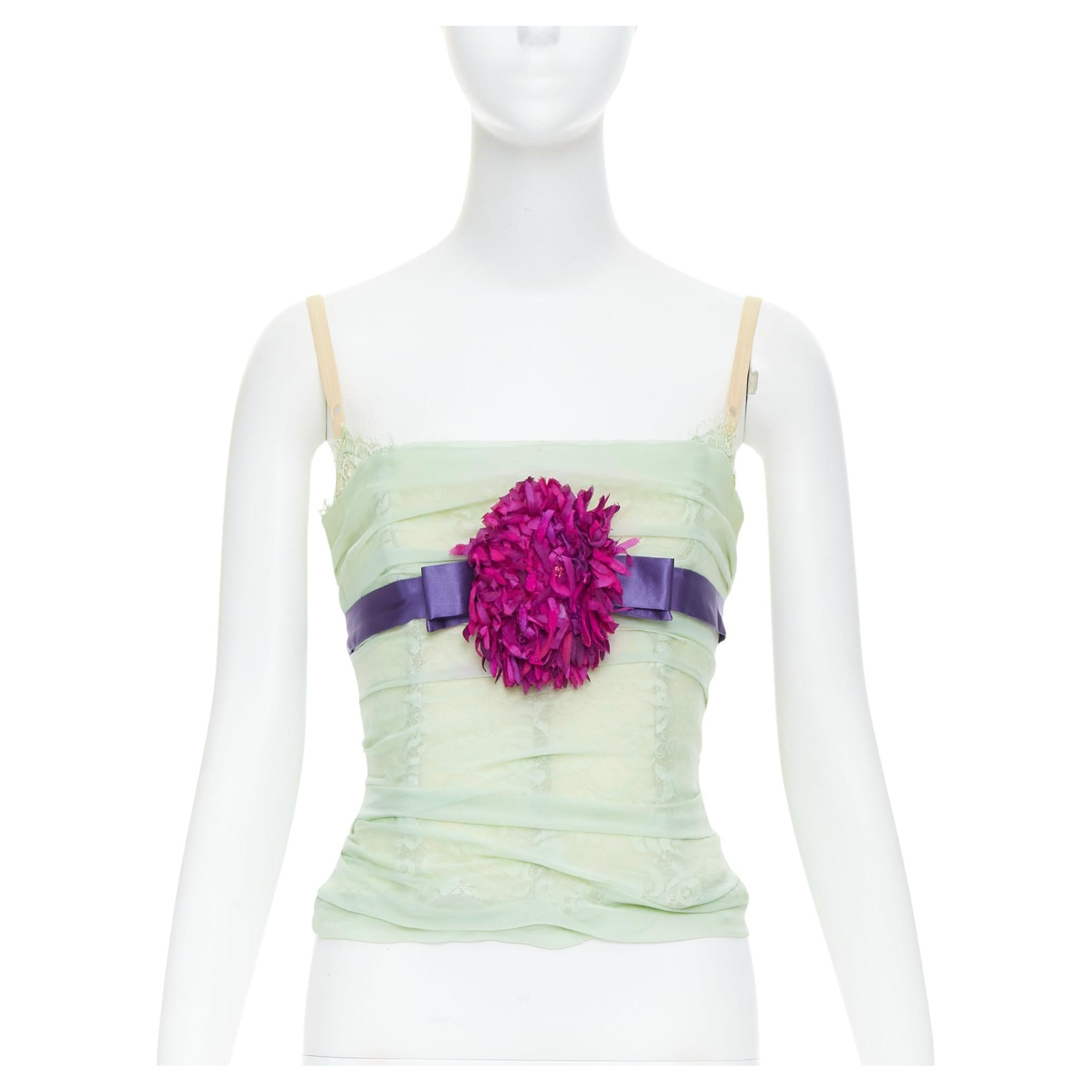 DOLCE GABBANA 2005 Vintage Korsett-Bustier aus grüner Seide mit rosa Blumenapplikation IT40 S im Angebot