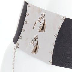 DOLCE GABBANA 2007 Vintage silver metal lock corset black lace up belt L