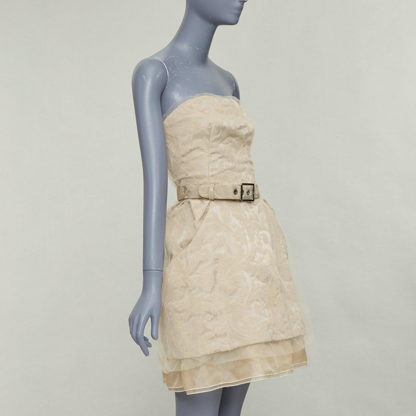 Beige DOLCE GABBANA 2008 Runway cotton barocco jacquard tulle strapless belted dress For Sale