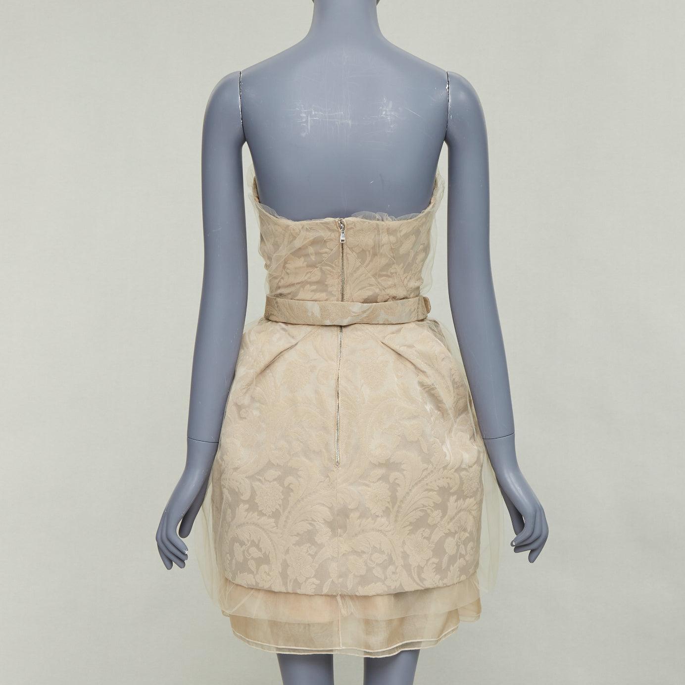 Women's DOLCE GABBANA 2008 Runway cotton barocco jacquard tulle strapless belted dress For Sale