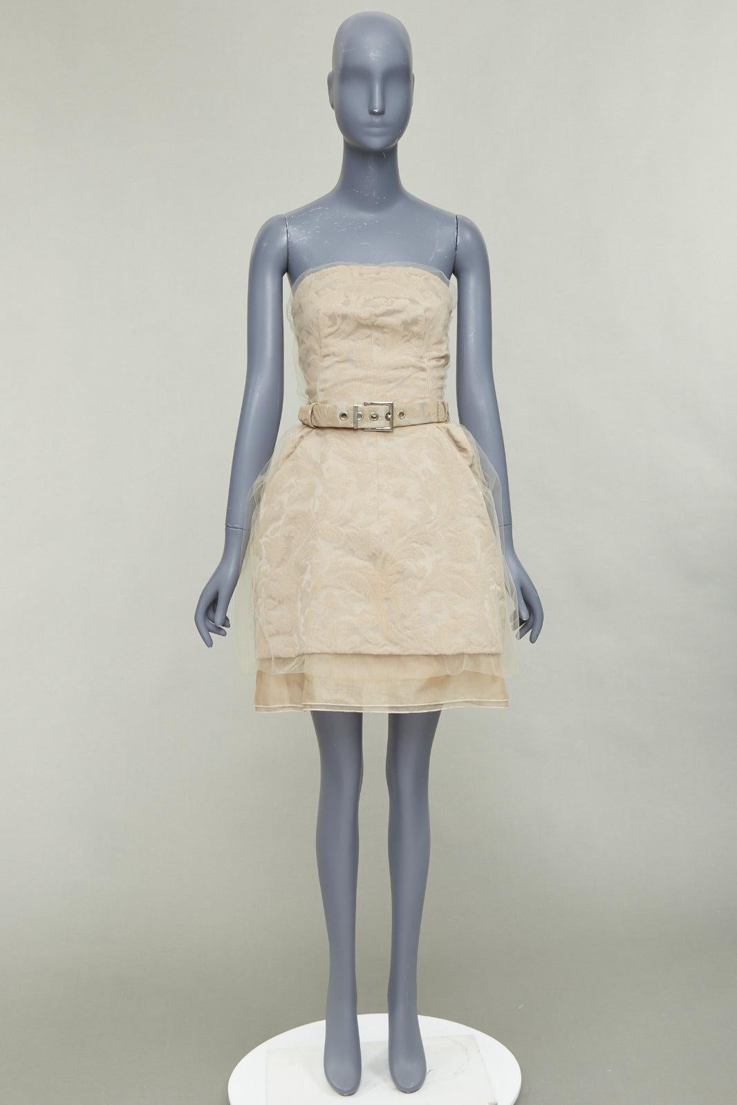 DOLCE GABBANA 2008 Runway cotton barocco jacquard tulle strapless belted dress For Sale 4