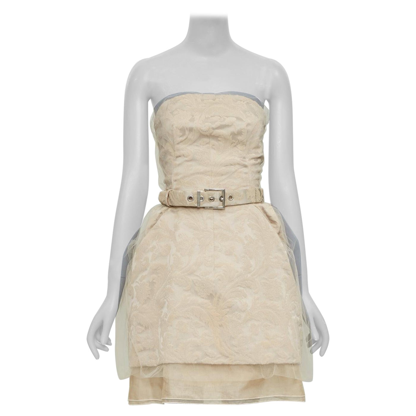 DOLCE GABBANA 2008 Runway cotton barocco jacquard tulle strapless belted dress For Sale