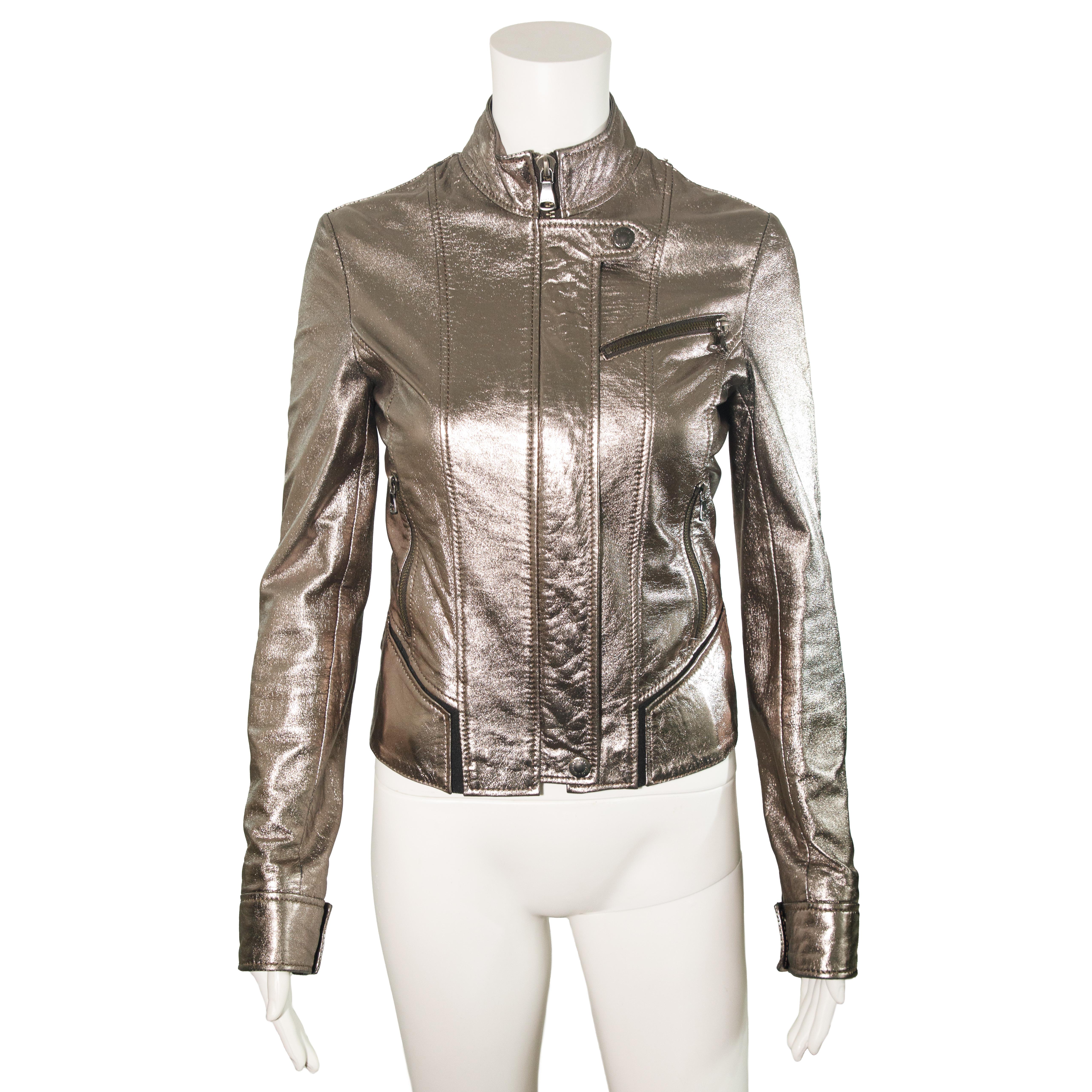 Ruder Than The Rest presents a 2010s Dolce & Gabbana metallic rose leather rider jacket.

One-of-a-kind metallic rose/tinted silver leather.

Futuristic design cues.

Slim fit.

Contemporary vintage, circa 2010s.

Composition:  Lambs leather outer,