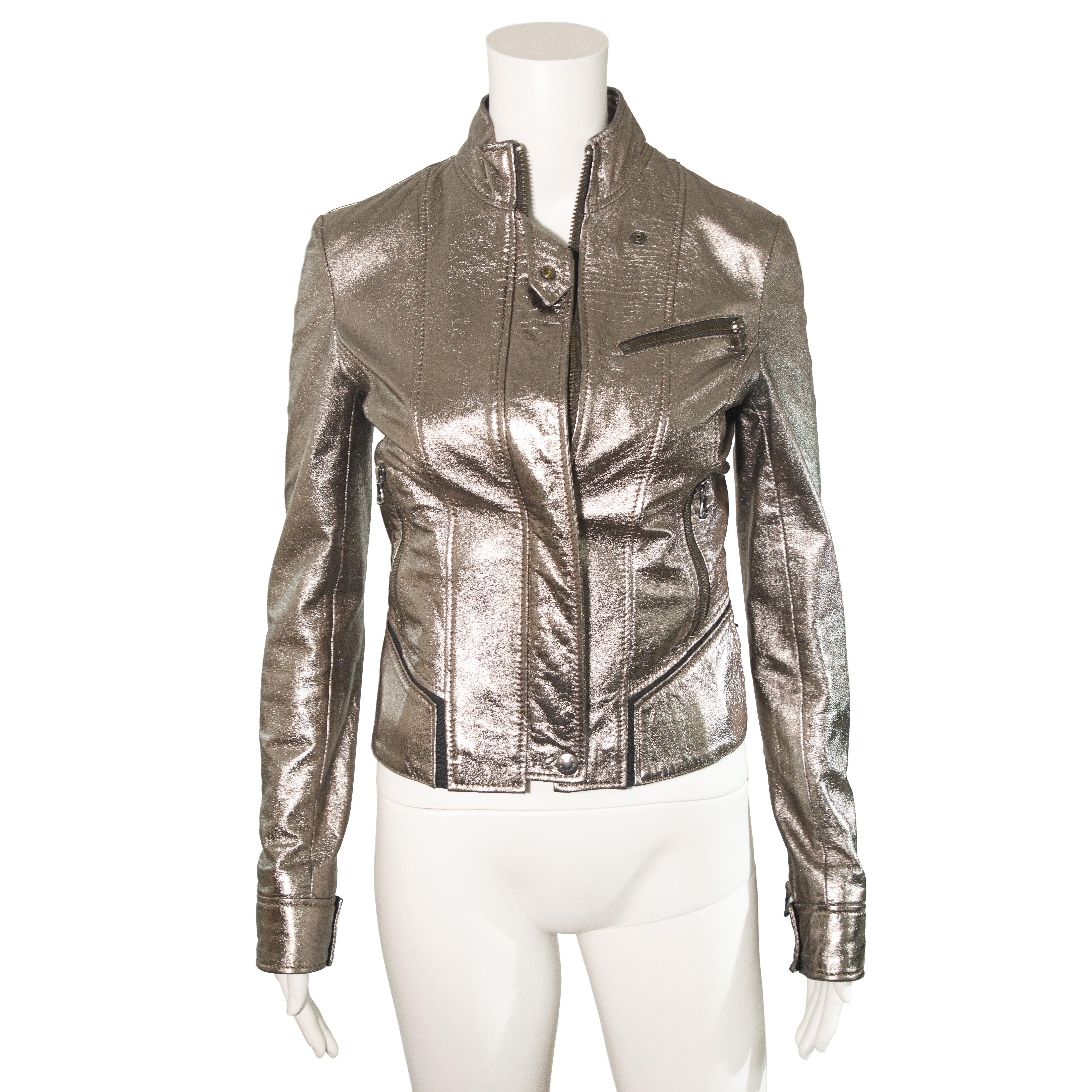 Gray Dolce & Gabbana 2010s Metallic Leather Rider Jacket size 38 For Sale