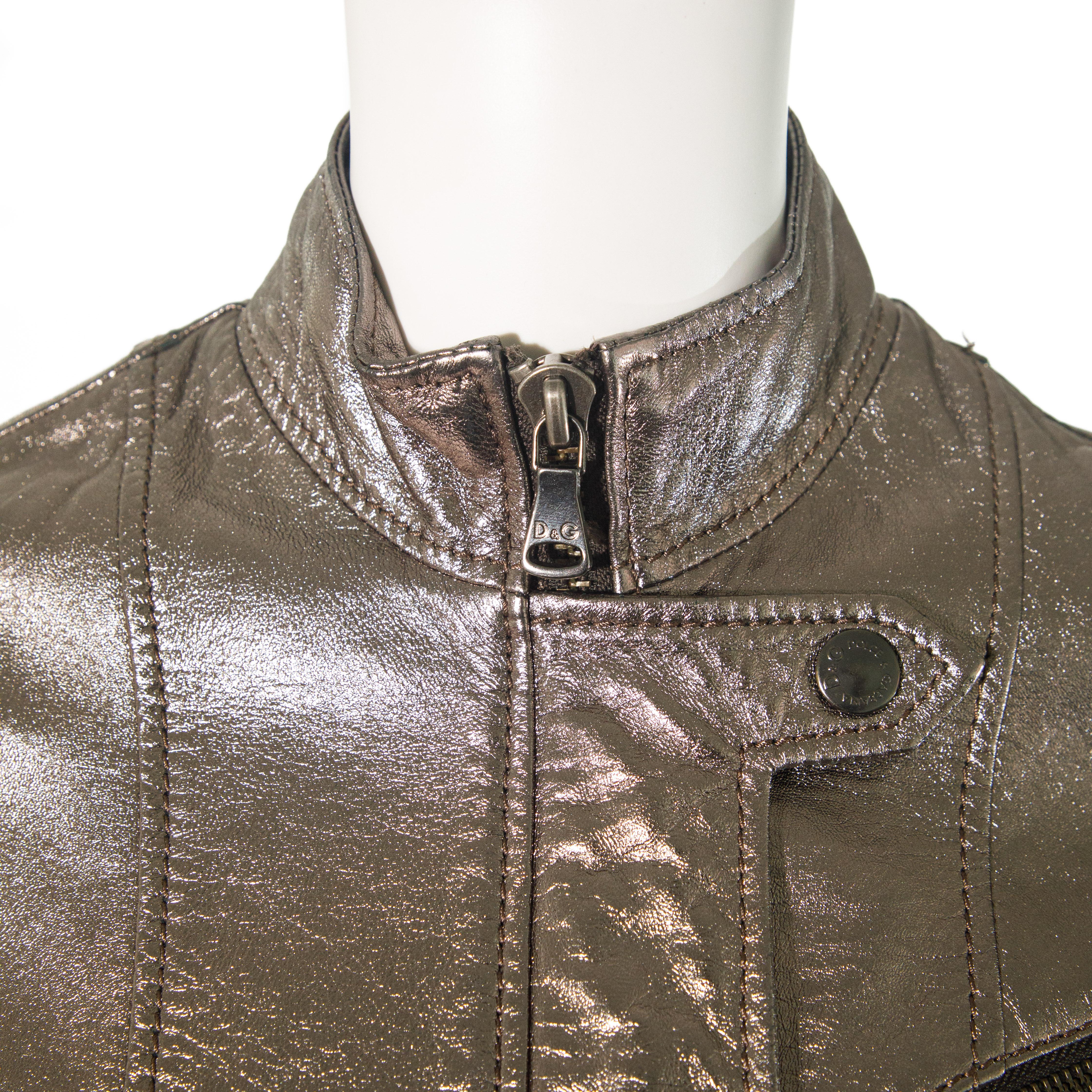 Dolce & Gabbana 2010s Metallic Leather Rider Jacket size 38 For Sale 4