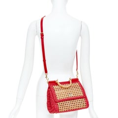 DOLCE GABBANA 2011 Sicily Small rattan crochet raffia red leather top handle bag