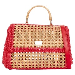 DOLCE GABBANA 2011 Sicily Small rattan crochet raffia red leather top handle bag