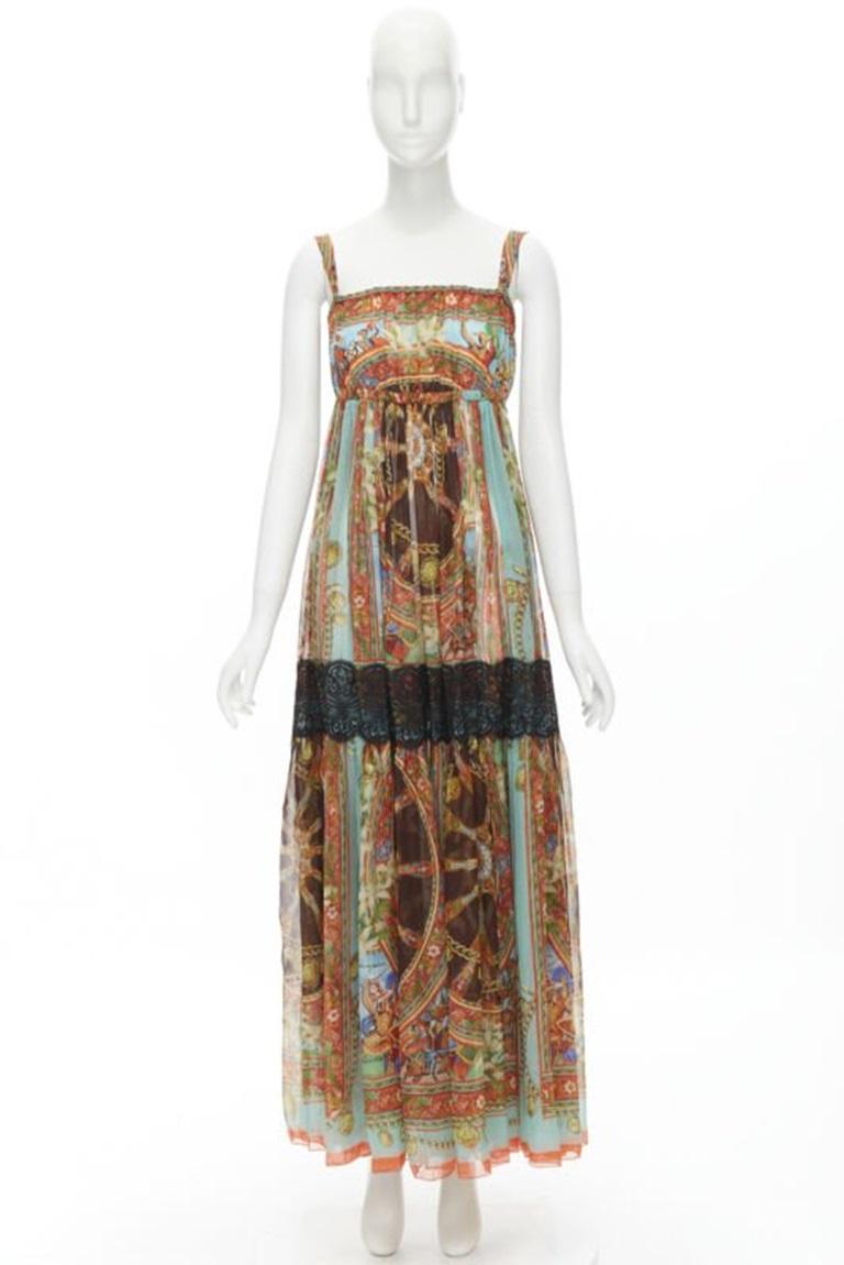 DOLCE GABBANA 2013 maxi vestido estampado Carretto de seda negro con encaje IT36 XS en venta 7