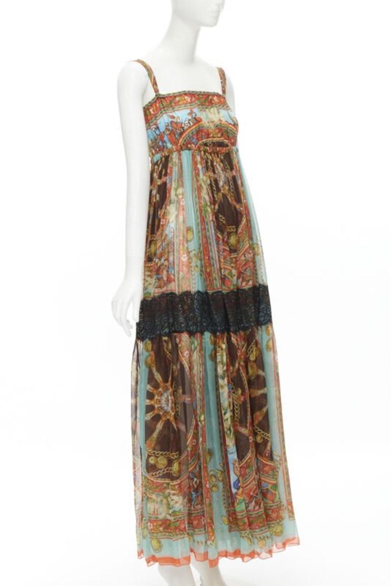 DOLCE GABBANA 2013 maxi vestido estampado Carretto de seda negro con encaje IT36 XS Marrón en venta
