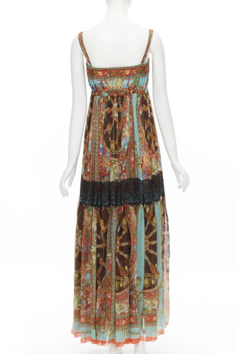 De las mujeres DOLCE GABBANA 2013 maxi vestido estampado Carretto de seda negro con encaje IT36 XS en venta