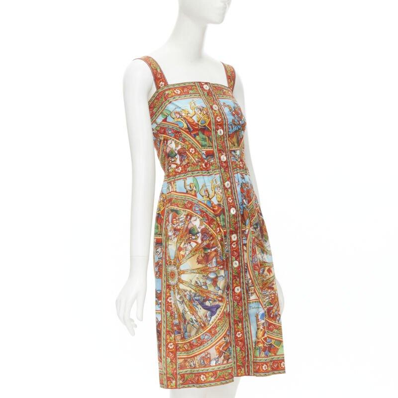 Beige DOLCE GABBANA 2013 red Carretto print cotton button front dress IT36 XS
