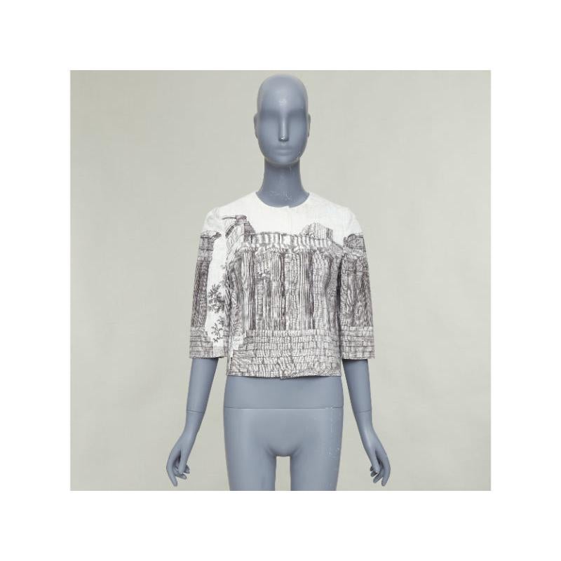 Gris DOLCE GABBANA 2014 veste cropped en lin crème gris imprimé Temple grec IT40 S en vente