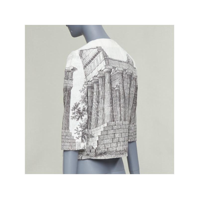 DOLCE GABBANA 2014 veste cropped en lin crème gris imprimé Temple grec IT40 S en vente 2