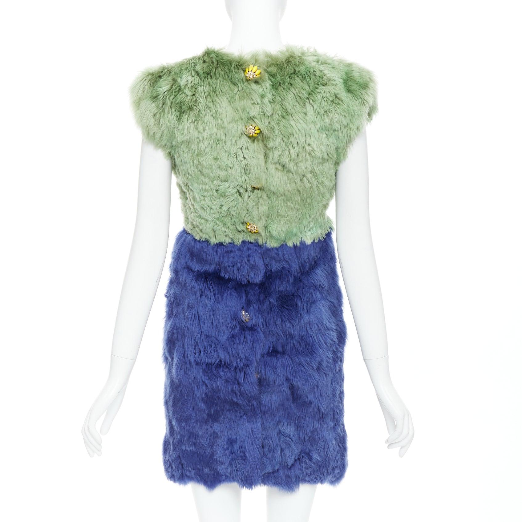 Women's DOLCE GABBANA 2014 Runway blue alpaca fur floral crystal buttons dress IT36 XXS For Sale
