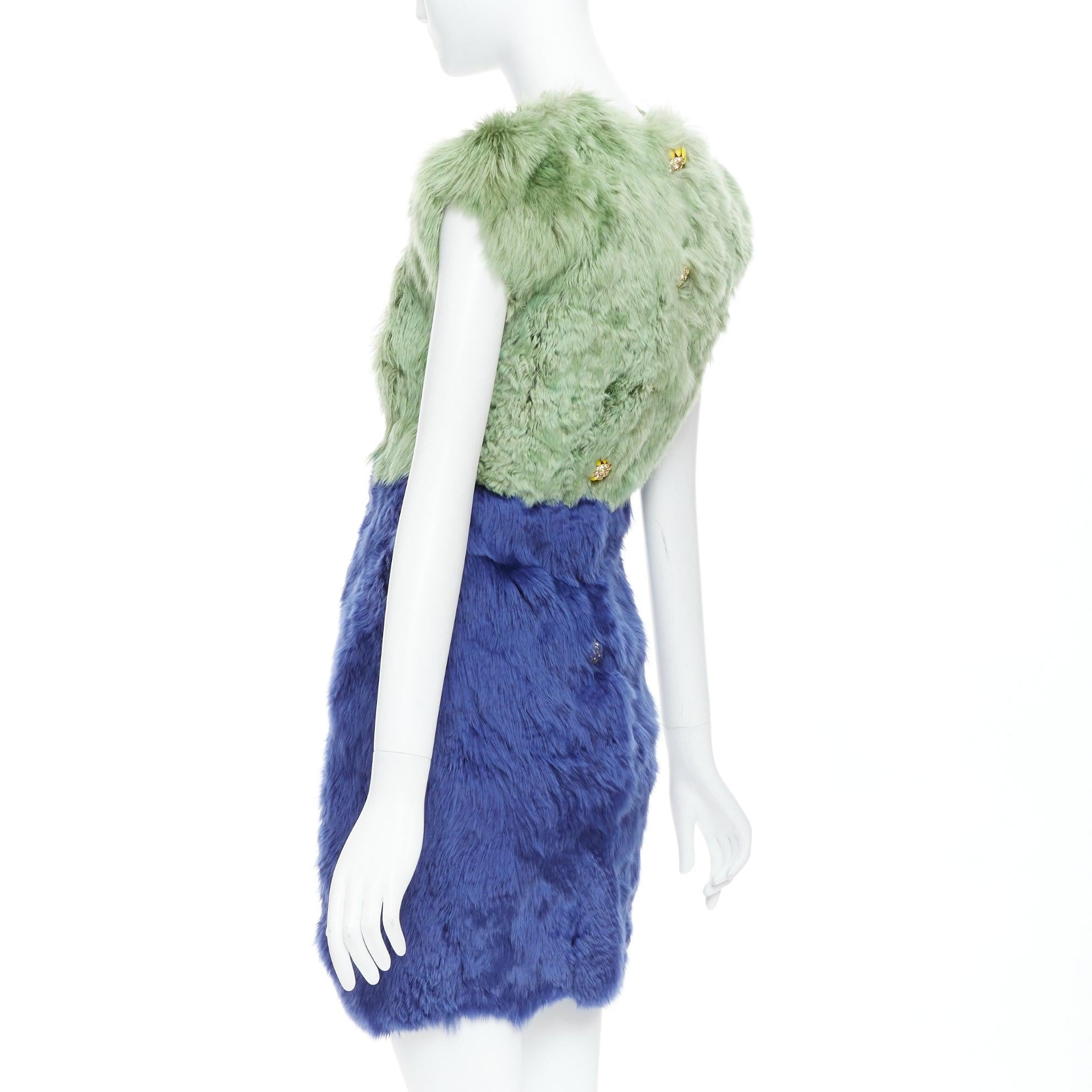 DOLCE GABBANA 2014 Runway blue alpaca fur floral crystal buttons dress IT36 XXS For Sale 1
