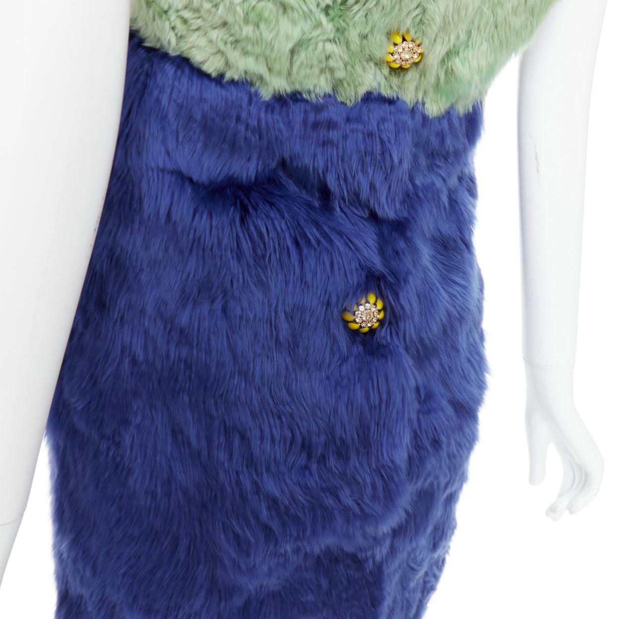 DOLCE GABBANA 2014 Runway blue alpaca fur floral crystal buttons dress IT36 XXS For Sale 2