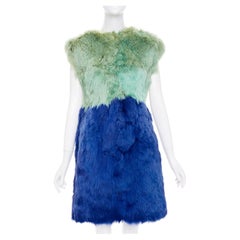 DOLCE GABBANA 2014 Runway colorblock green navy blue alpaca fur mini dress IT40