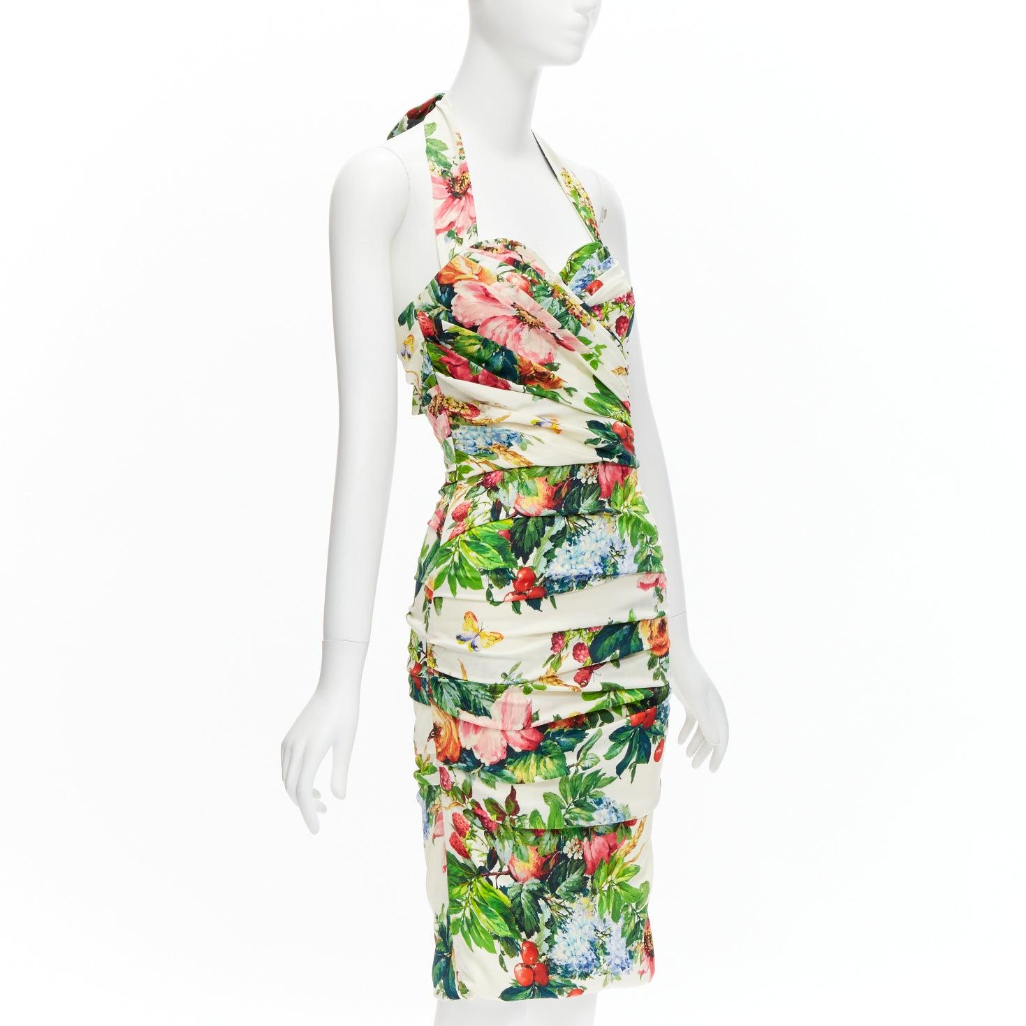 Beige DOLCE GABBANA 2014 Runway floral silk blend halter dress IT38 XS Kylie Minogue