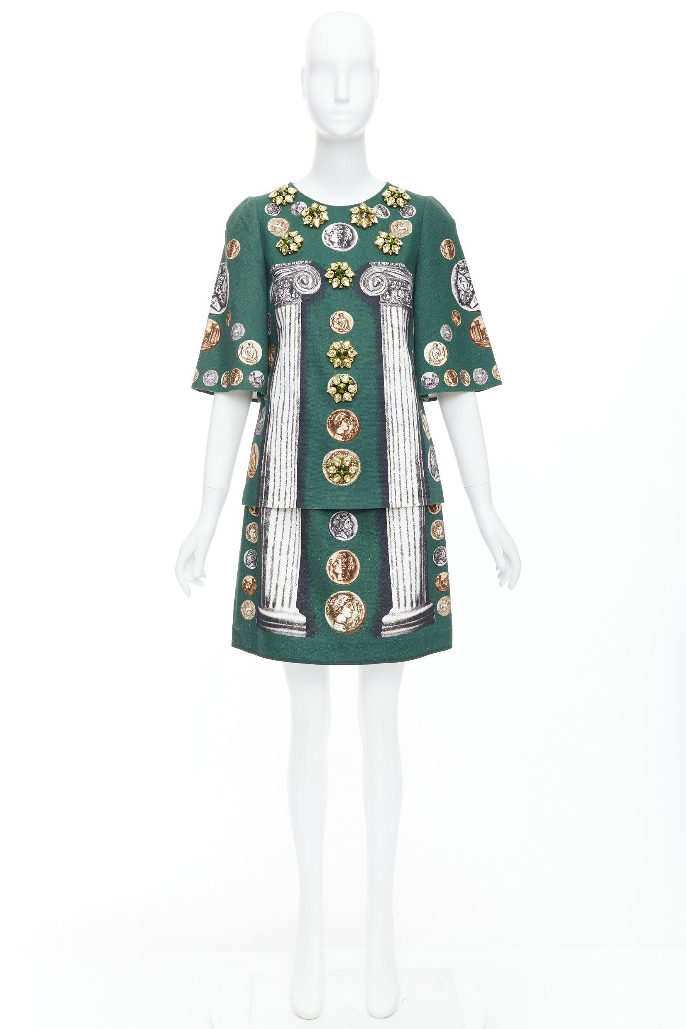DOLCE GABBANA 2014 Runway green roman coin column bejeweled skirt set IT38 XS For Sale 6