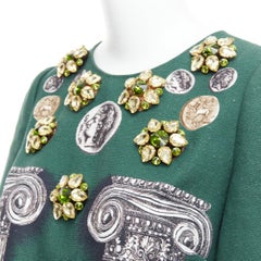 DOLCE GABBANA 2014 Runway green roman coin column bejeweled skirt set IT38 XS