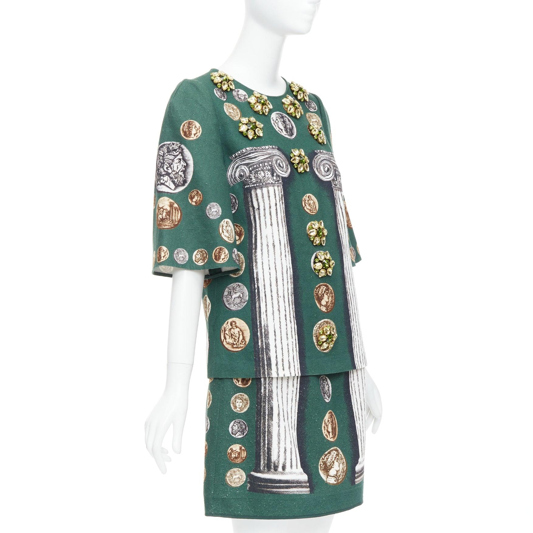 Gray DOLCE GABBANA 2014 Runway green roman coin column bejeweled skirt set IT38 XS For Sale