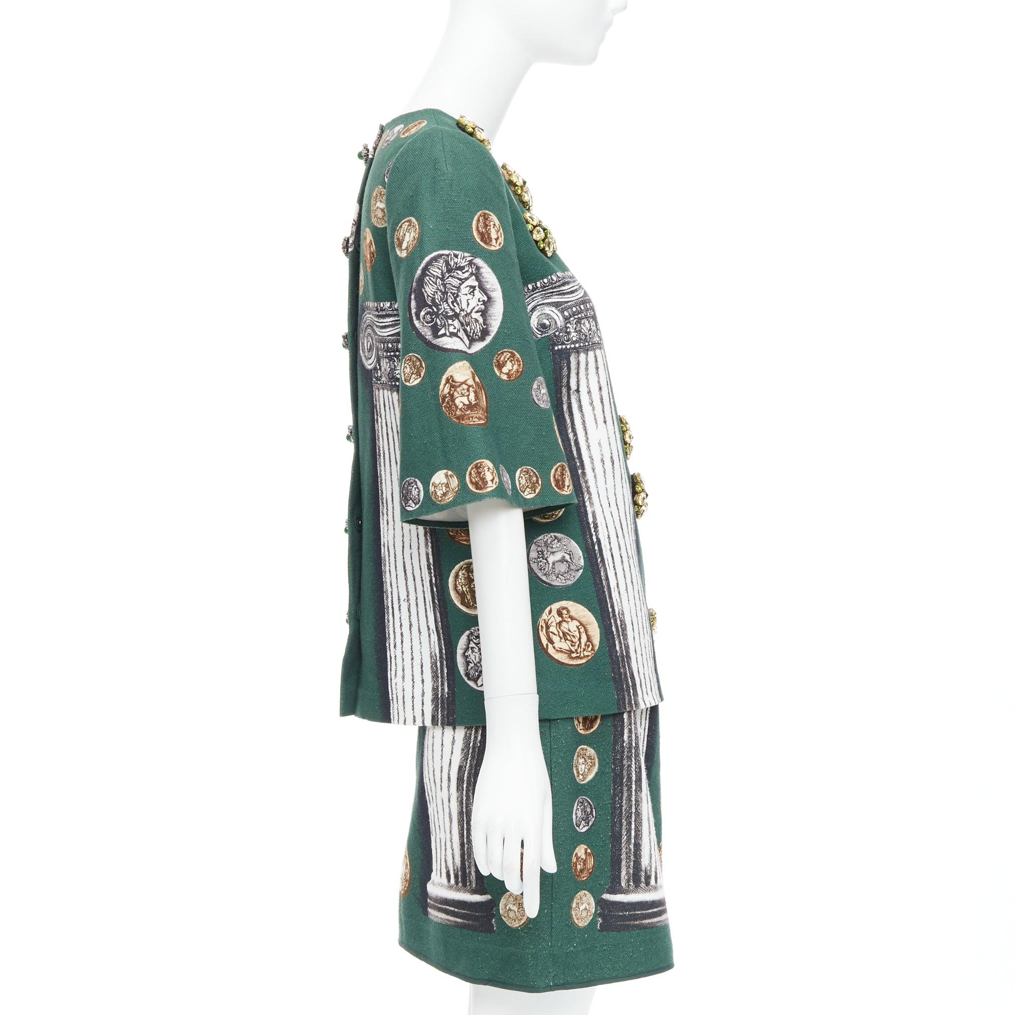 DOLCE GABBANA 2014 Runway green roman coin column bejeweled skirt set IT38 XS In Excellent Condition For Sale In Hong Kong, NT