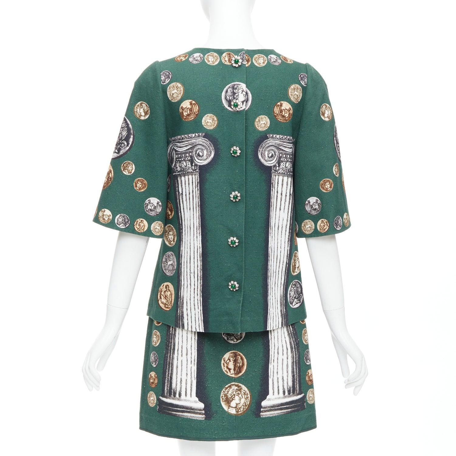 Women's DOLCE GABBANA 2014 Runway green roman coin column bejeweled skirt set IT38 XS For Sale