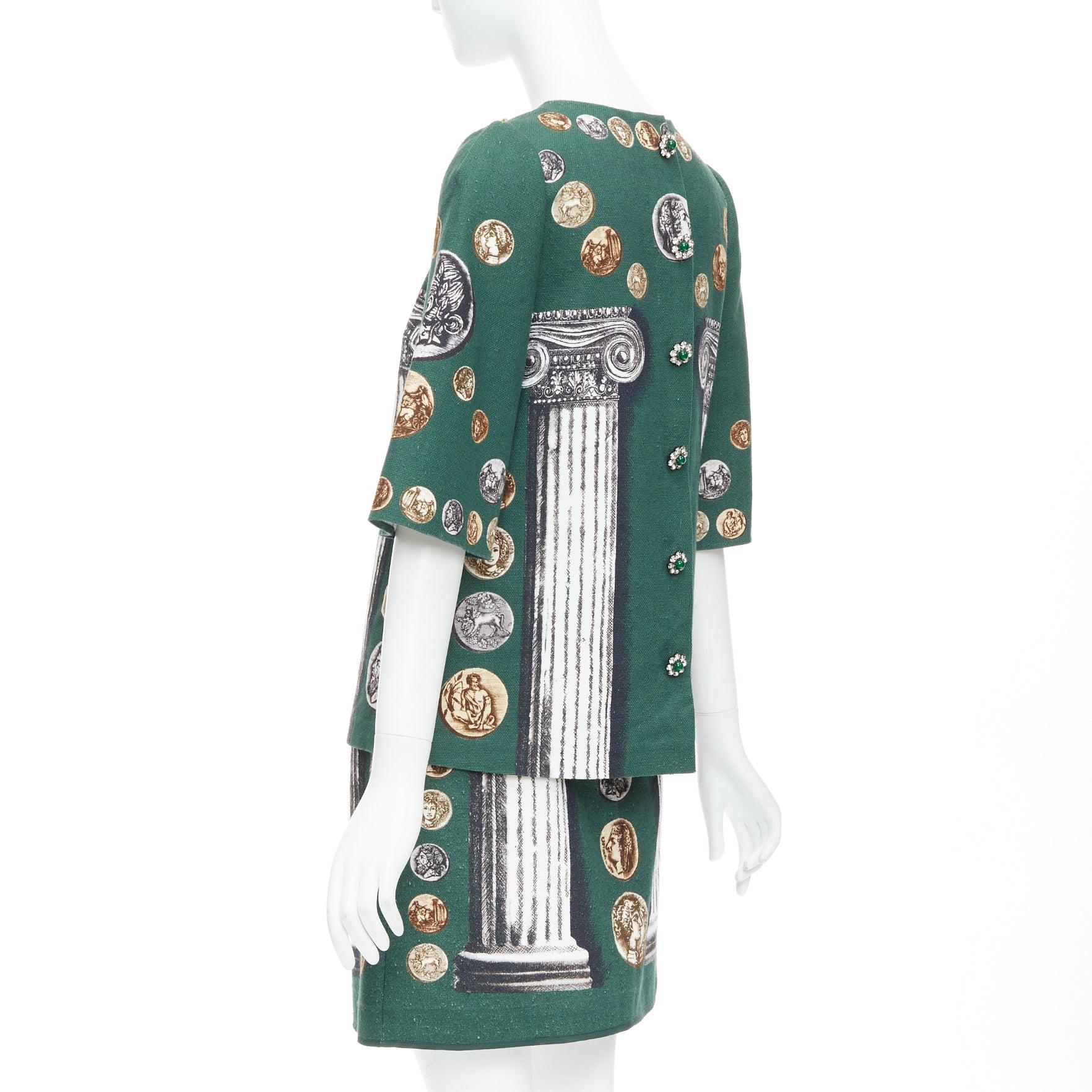 DOLCE GABBANA 2014 Runway green roman coin column bejeweled skirt set IT38 XS For Sale 1
