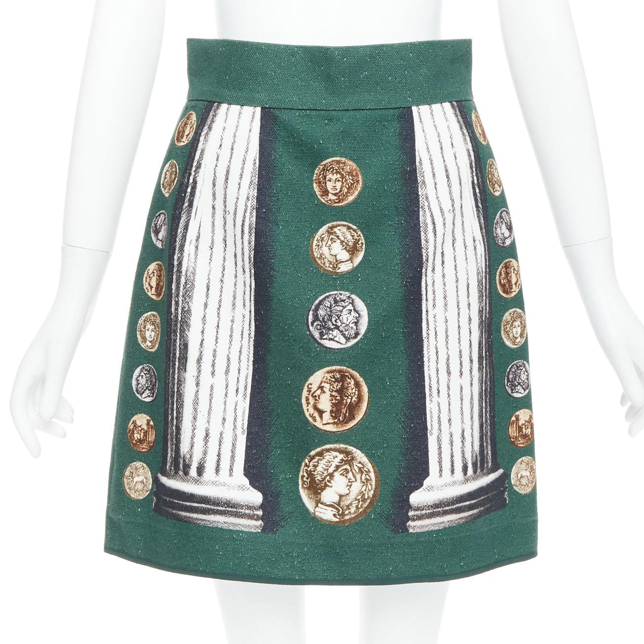 DOLCE GABBANA 2014 Runway green roman coin column bejeweled skirt set IT38 XS For Sale 2
