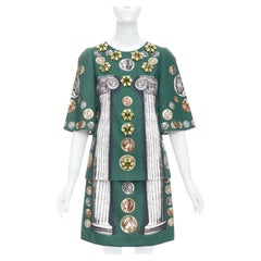 DOLCE GABBANA 2014 Runway green roman coin column bejeweled skirt set IT38 XS