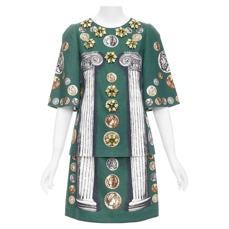 DOLCE GABBANA 2014 Runway green roman coin column bejeweled skirt set IT38  XS For Sale at 1stDibs