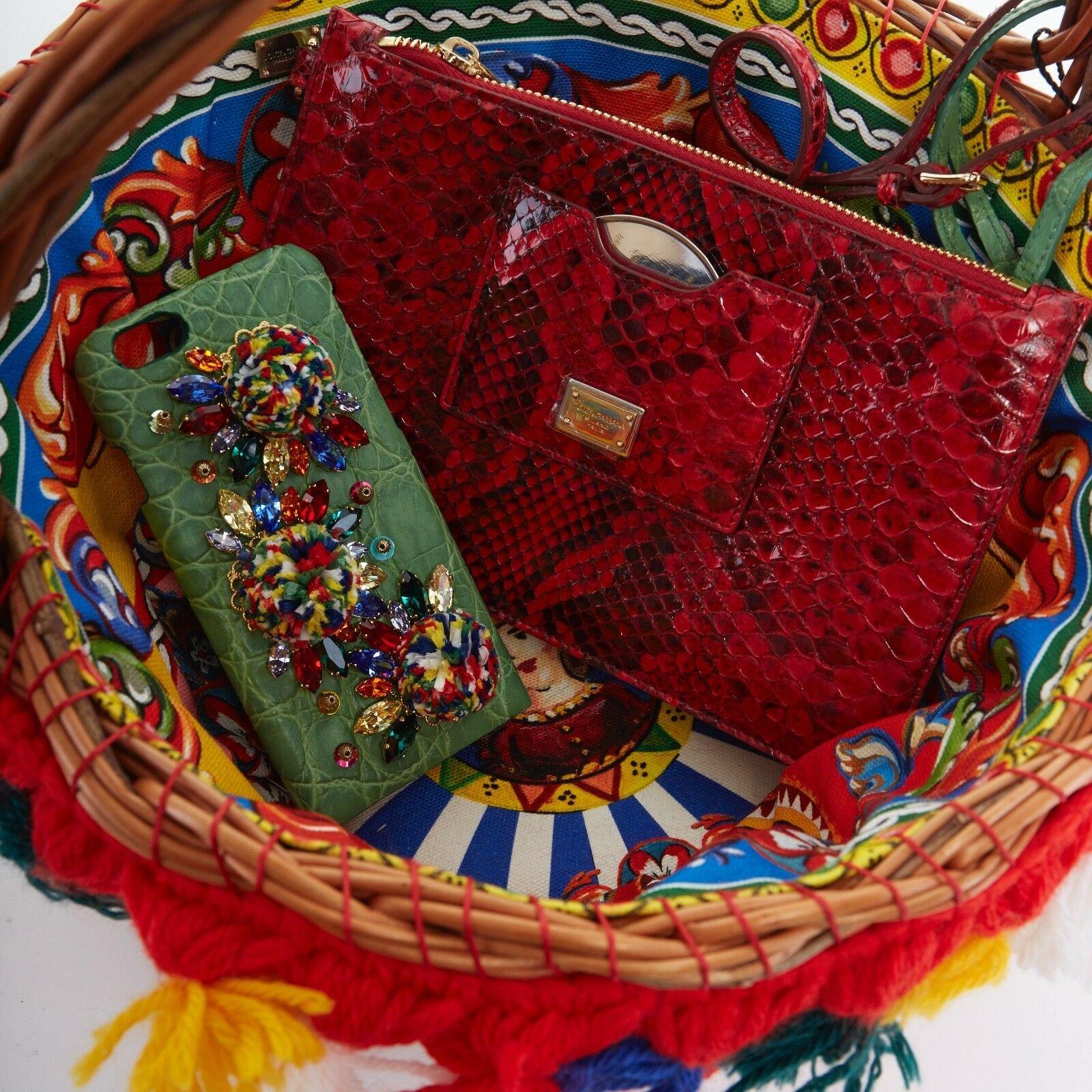 DOLCE GABBANA 2016 red pom pom embellished wicker basket pouch bag 3