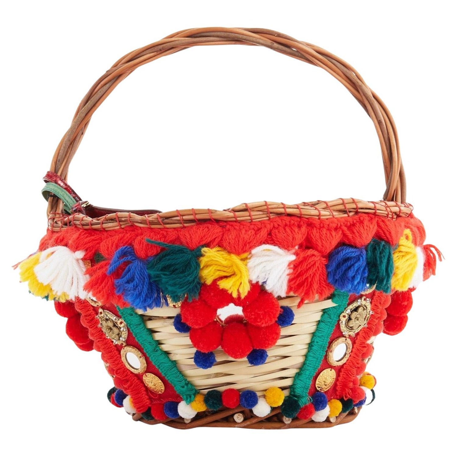 DOLCE GABBANA 2016 red pom pom embellished wicker basket pouch bag For Sale  at 1stDibs