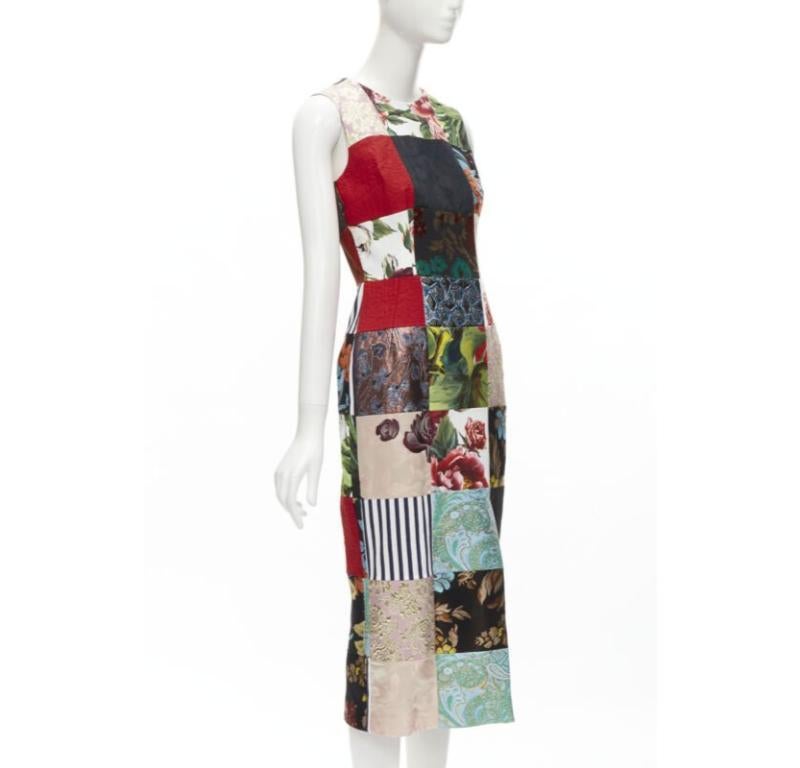 Gray DOLCE GABBANA 2021 mixed grid patchwork jacquard front slit  midi dress IT38 XS For Sale
