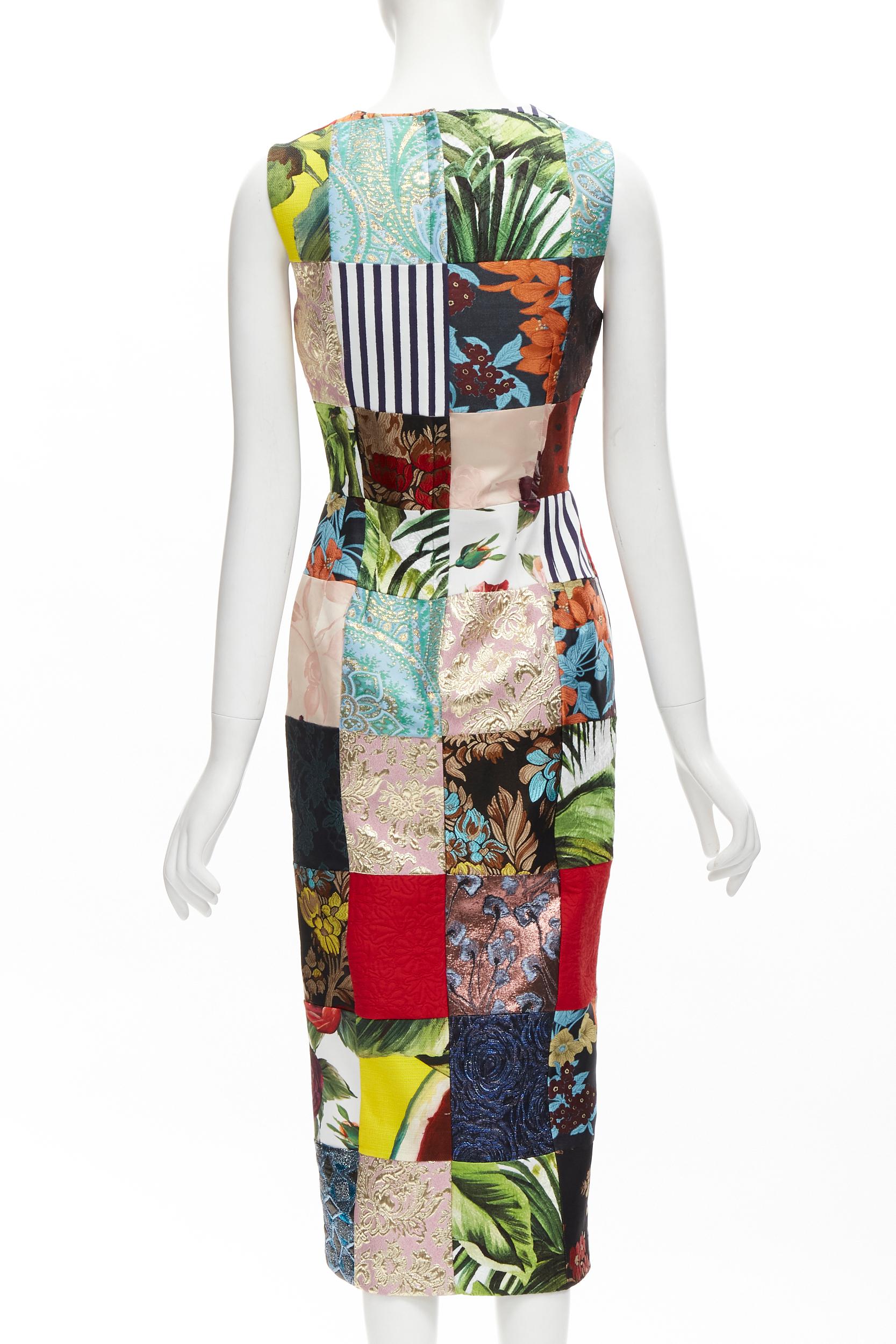 Women's DOLCE GABBANA 2021 mixed grid patchwork jacquard front slit  midi dress IT38 XS For Sale