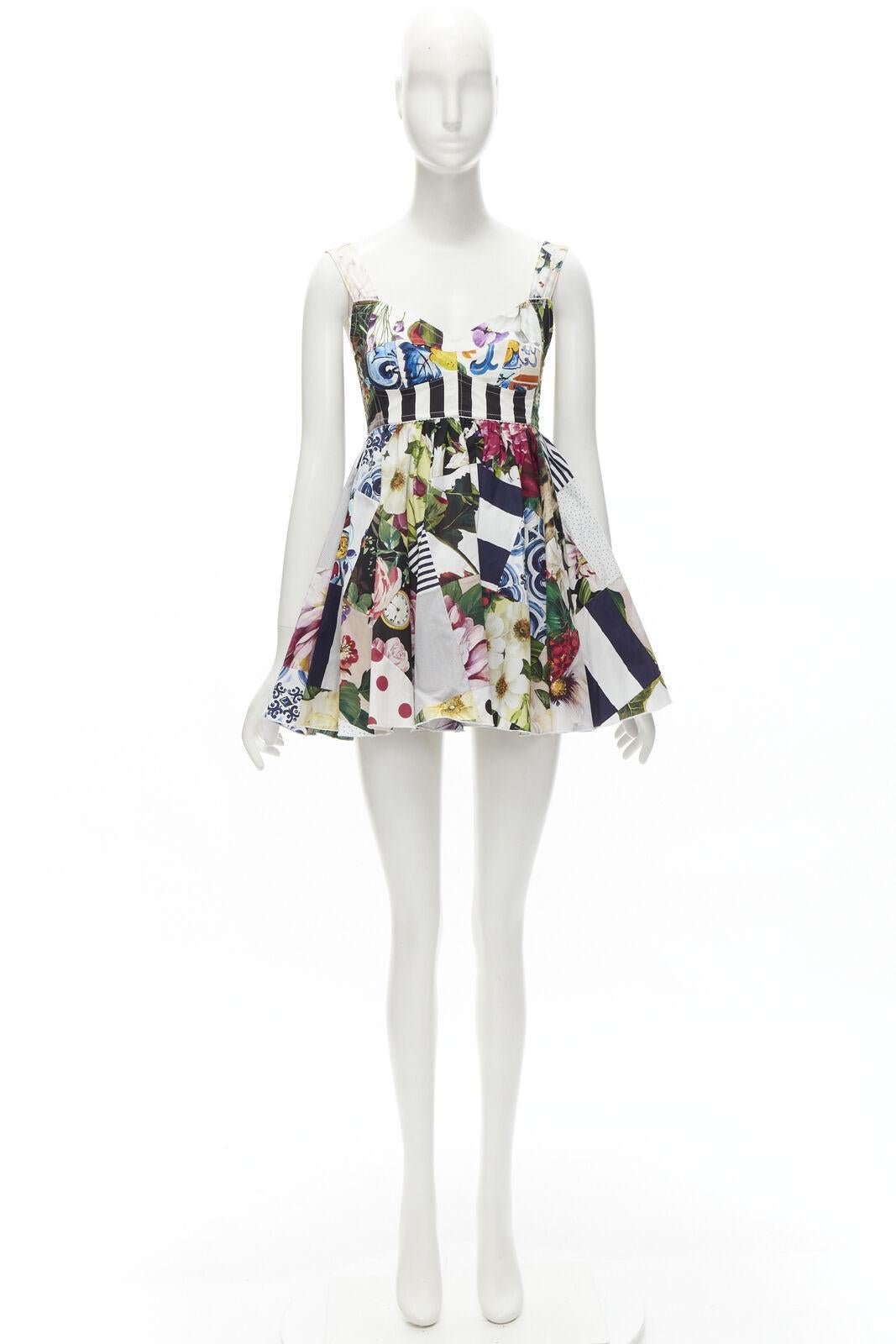 DOLCE GABBANA 2021 mixed patchwork floral boned bustier flared dress IT38 XS For Sale 3