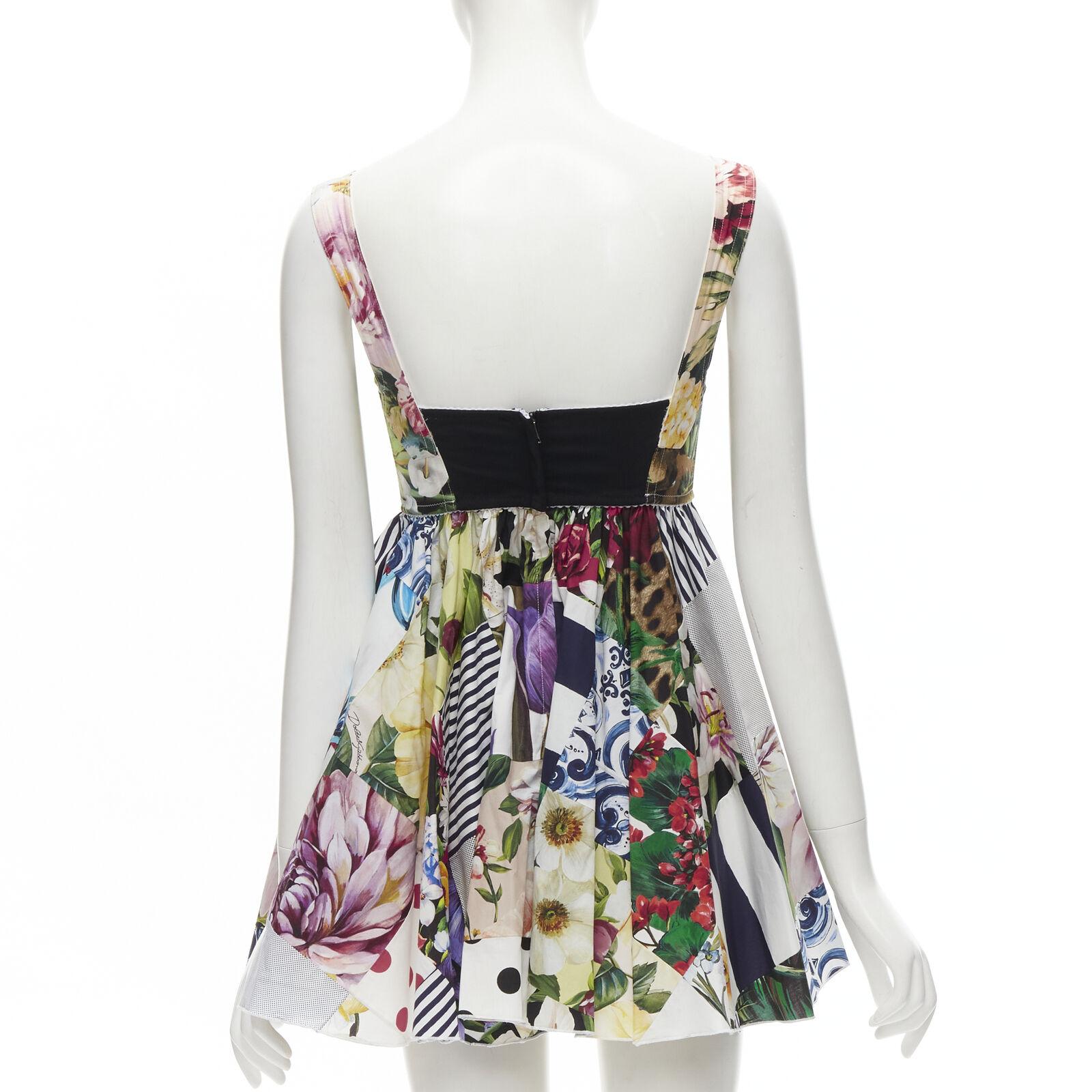 Gray DOLCE GABBANA 2021 mixed patchwork floral boned bustier flared dress IT38 XS For Sale