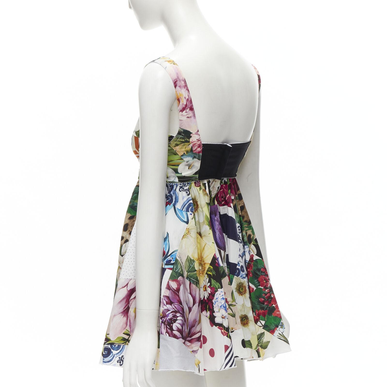DOLCE GABBANA 2021 mixed patchwork floral boned bustier flared dress IT38 XS In Excellent Condition For Sale In Hong Kong, NT
