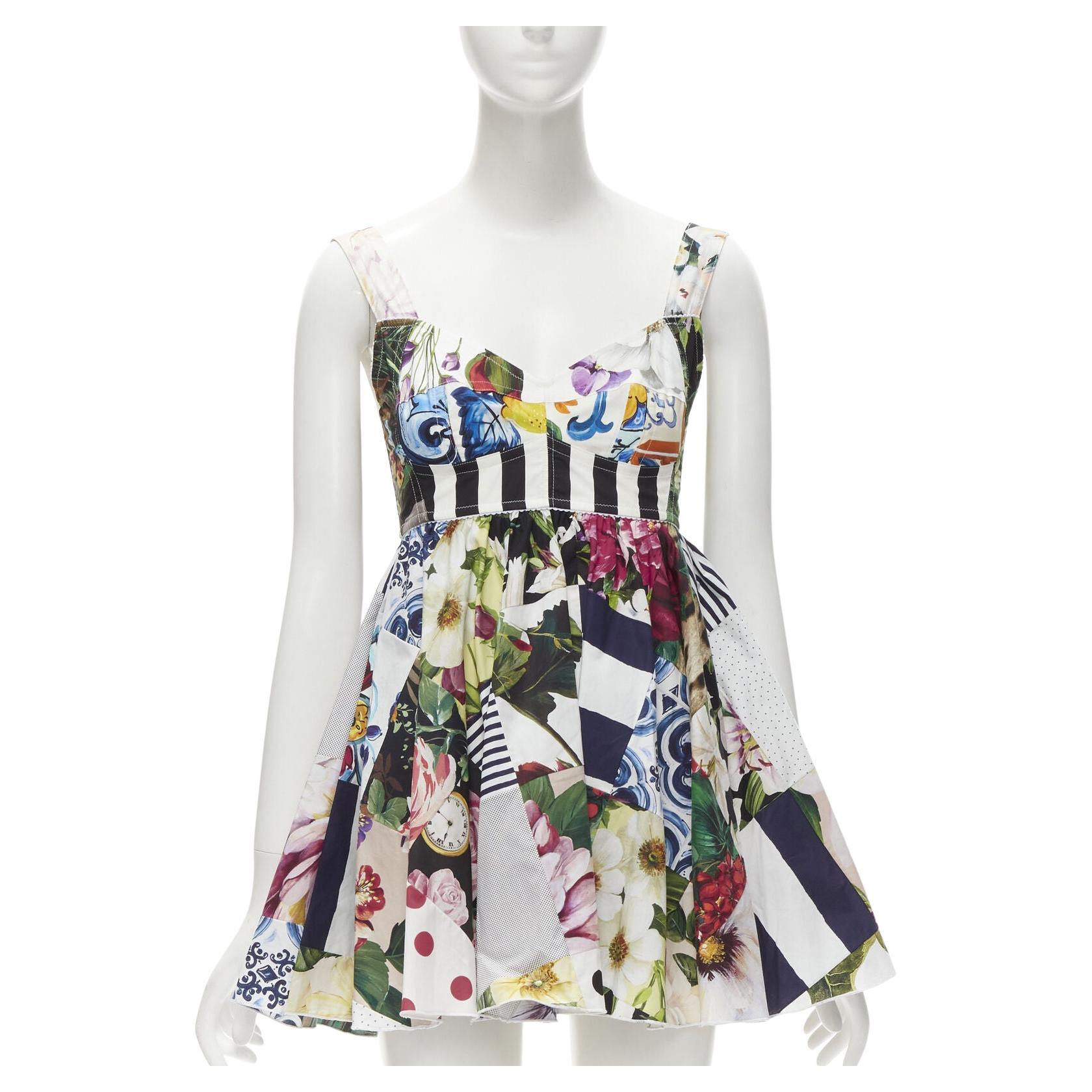 DOLCE GABBANA 2021 mixed patchwork floral boned bustier flared dress IT38 XS For Sale
