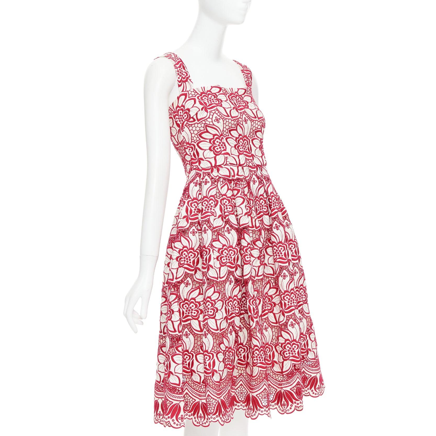 White DOLCE GABBANA 2021 red cream floral embroidery anglais flared sun dress IT38 XS For Sale