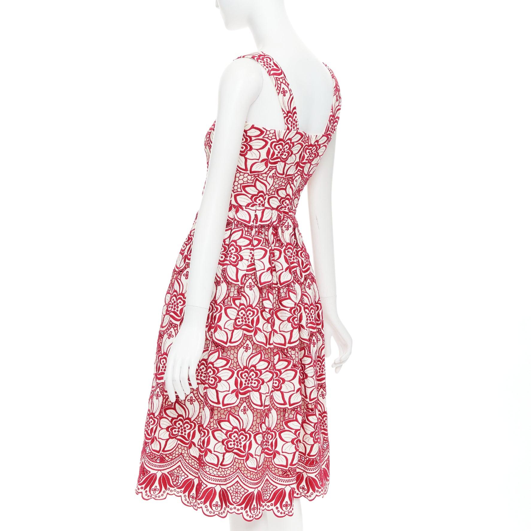 DOLCE GABBANA 2021 red cream floral embroidery anglais flared sun dress IT38 XS For Sale 1