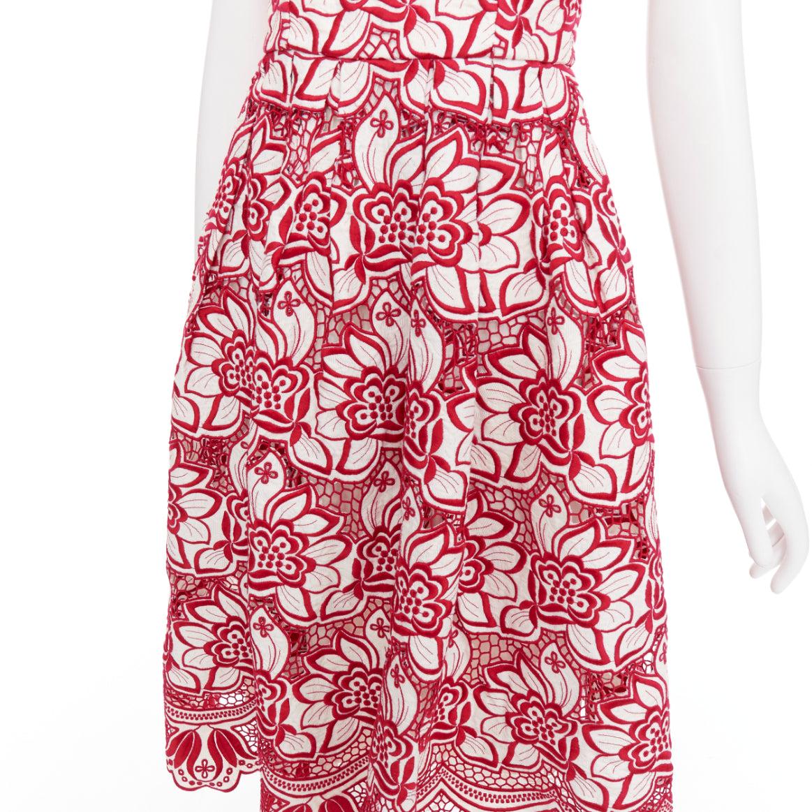 DOLCE GABBANA 2021 red cream floral embroidery anglais flared sun dress IT38 XS For Sale 2