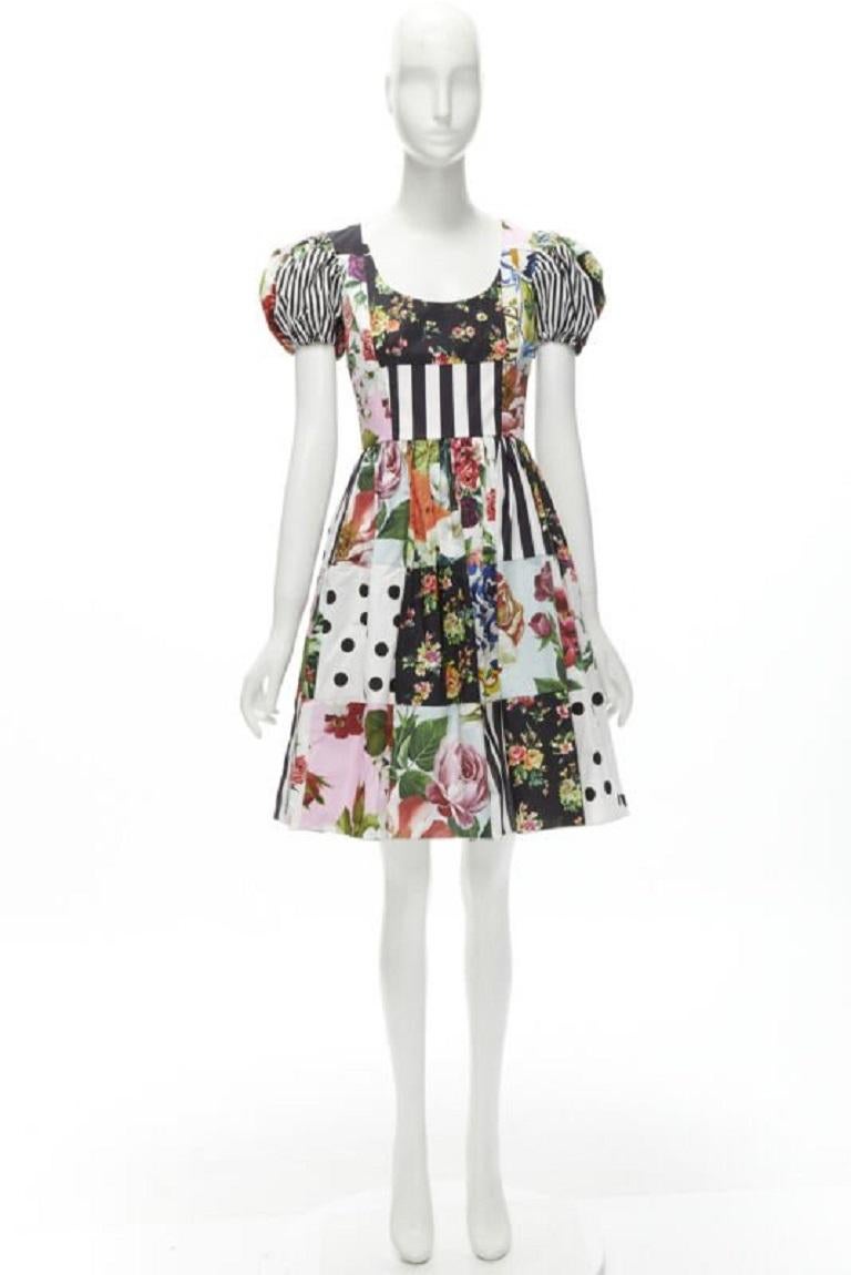 DOLCE GABBANA 2021 Sicilian Patchwork puff sleeve cotton poplin dress IT38 XS For Sale 5