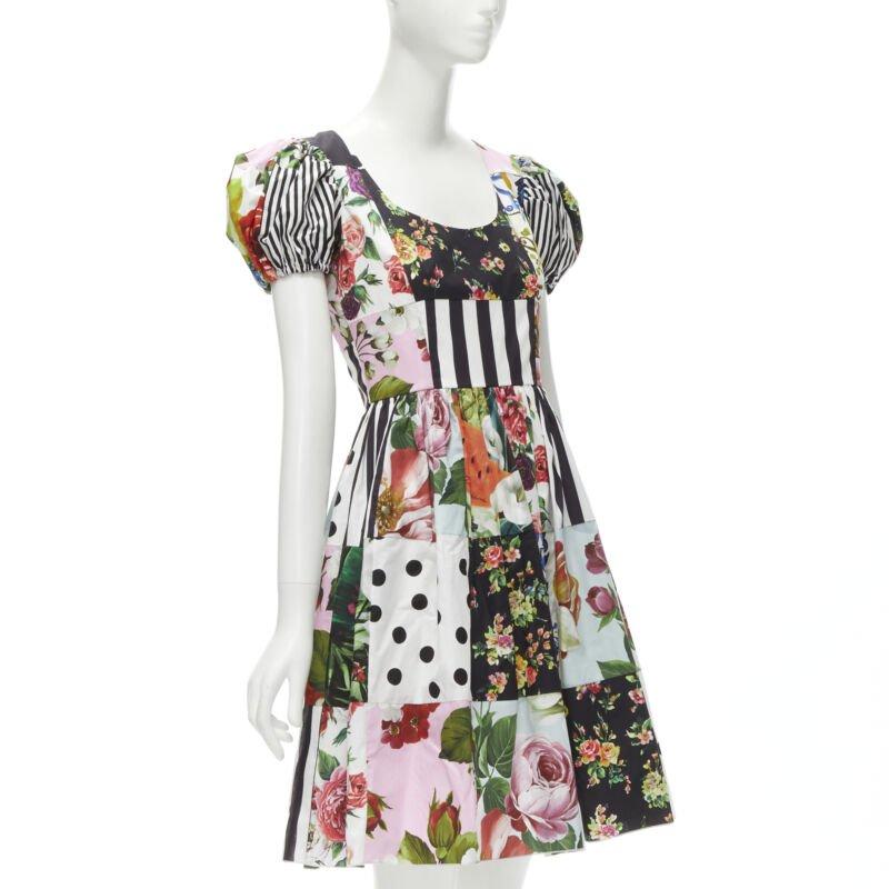 Gris DOLCE GABBANA 2021 Patchwork sicilien Robe à manches bouffantes en popeline de coton IT38 XS en vente