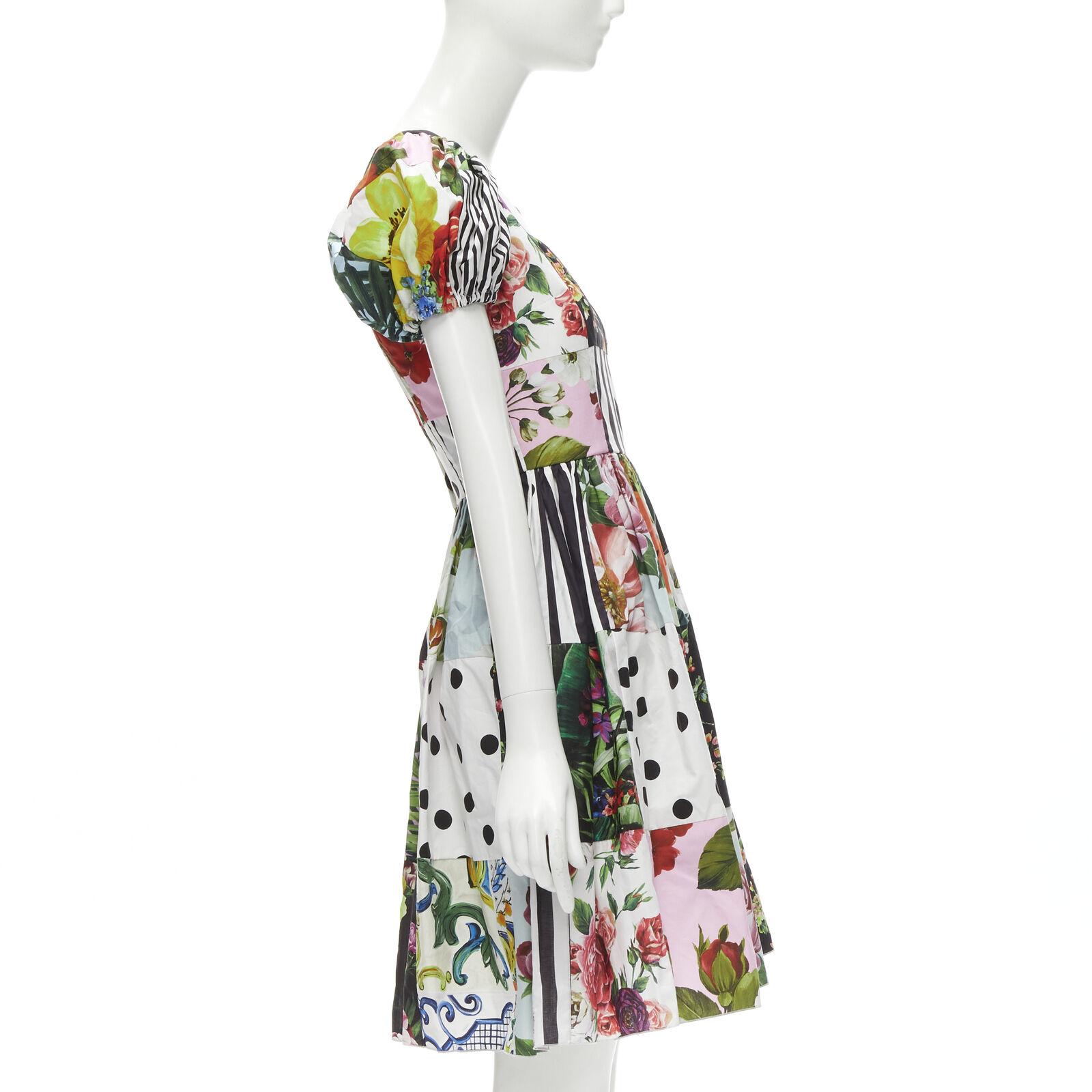 Women's DOLCE GABBANA 2021 Sicilian Patchwork puff sleeve cotton poplin dress IT38 XS For Sale
