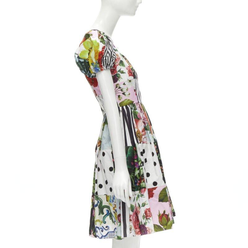DOLCE GABBANA 2021 Patchwork sicilien Robe à manches bouffantes en popeline de coton IT38 XS Excellent état - En vente à Hong Kong, NT